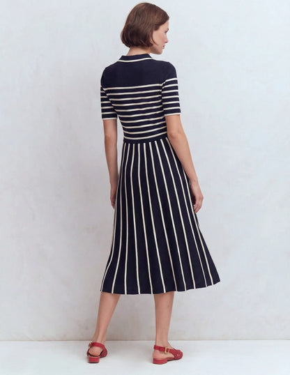 Collared Knitted Midi Dress-French Navy and Ivory Stripe