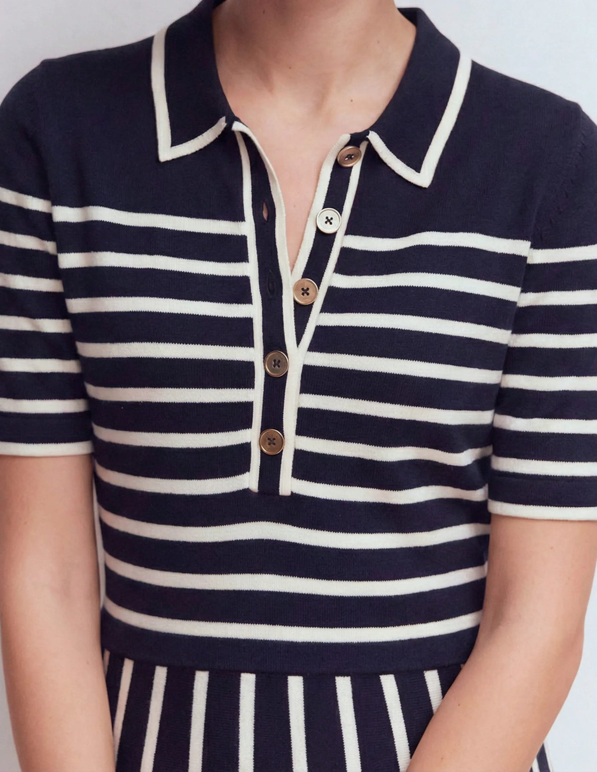 Collared Knitted Midi Dress-French Navy and Ivory Stripe