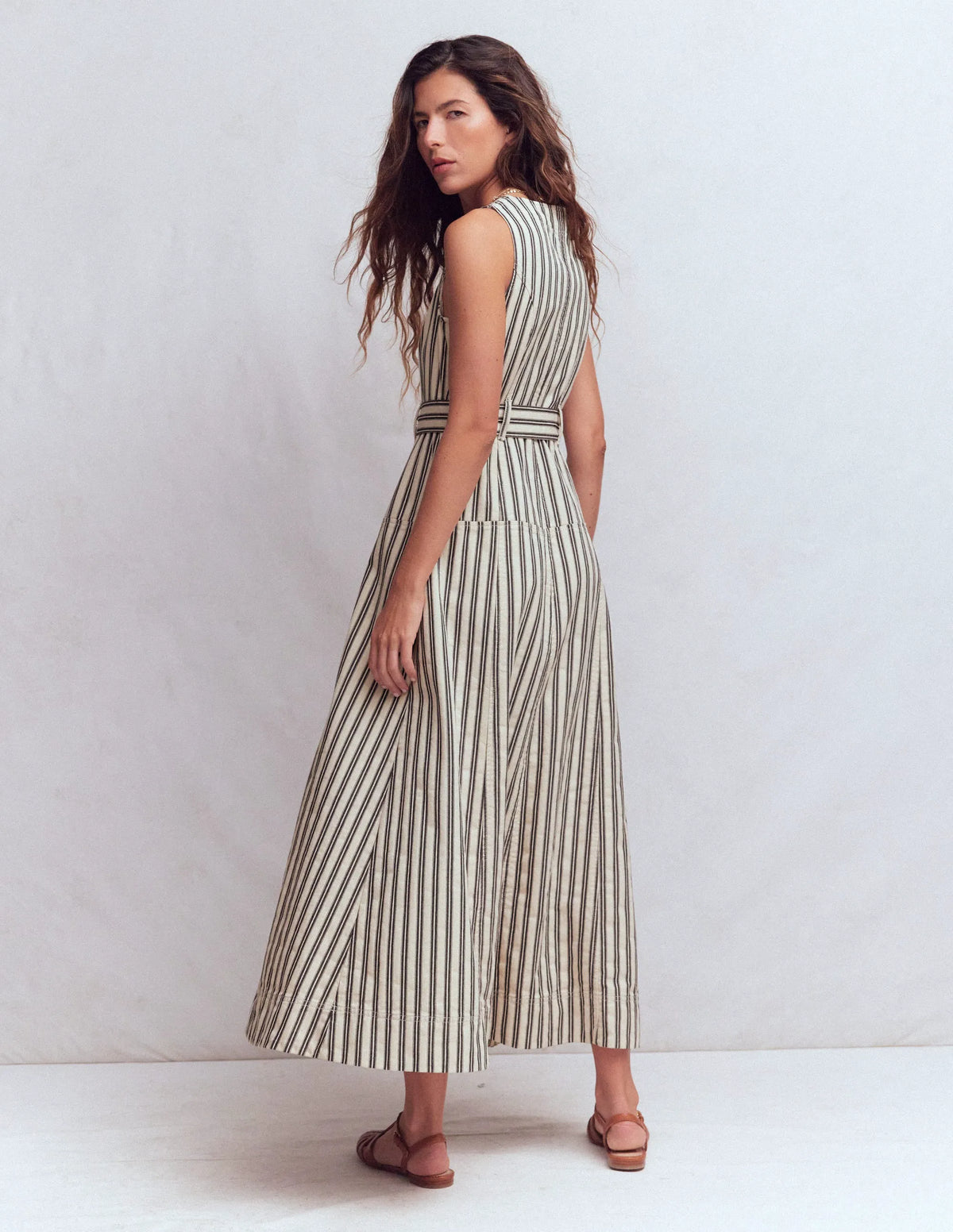 Sleeveless Zip Denim Dress-Ivory and Navy Stripe