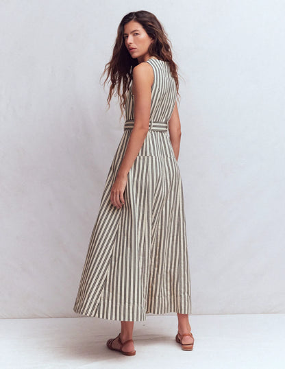 Sleeveless Zip Denim Dress-Ivory and Navy Stripe