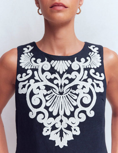 Linen Shift Dress-Navy Embrodiery