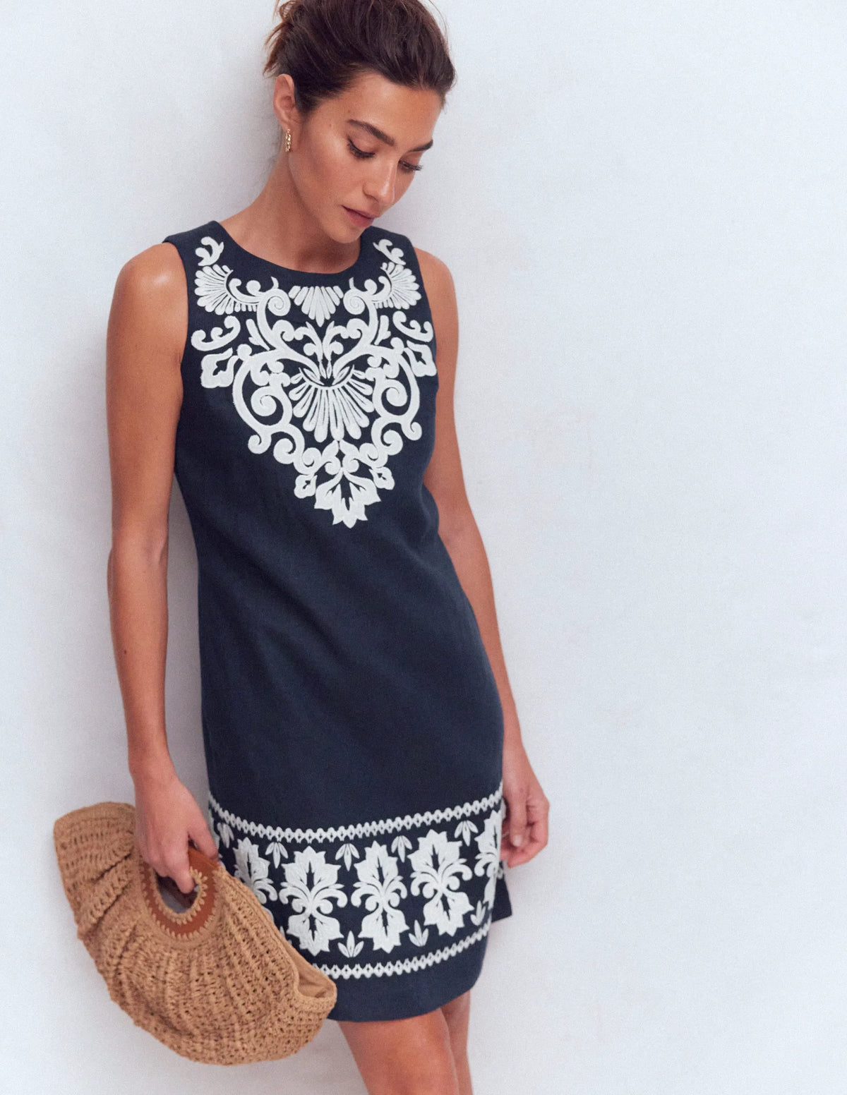 Linen Shift Dress-Navy Embrodiery