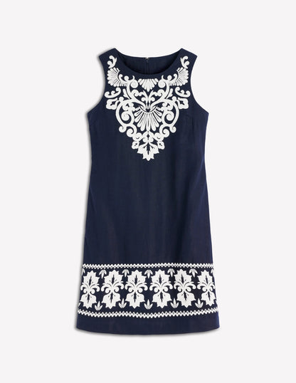 Linen Shift Dress-Navy Embrodiery
