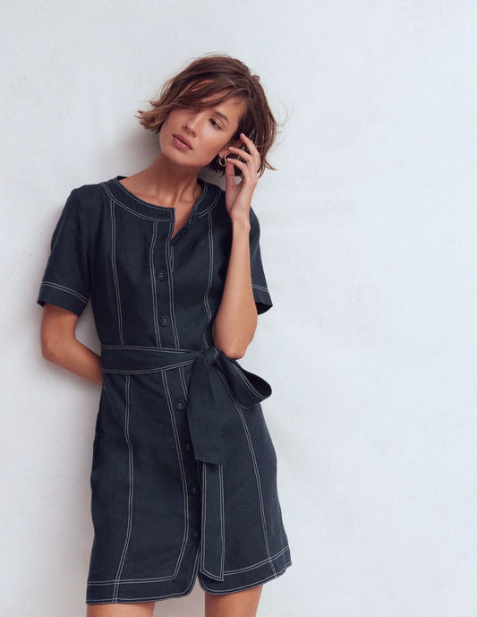 Callie Linen Short Dress-Navy