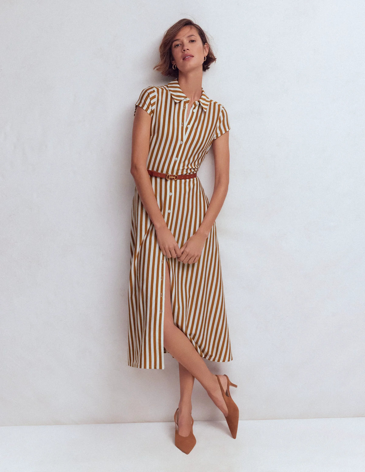 Marcia Jersey Shirt Dress-Cognac and Ivory Stripe