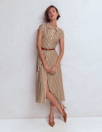 Marcia Jersey Shirt Dress-Cognac and Ivory Stripe