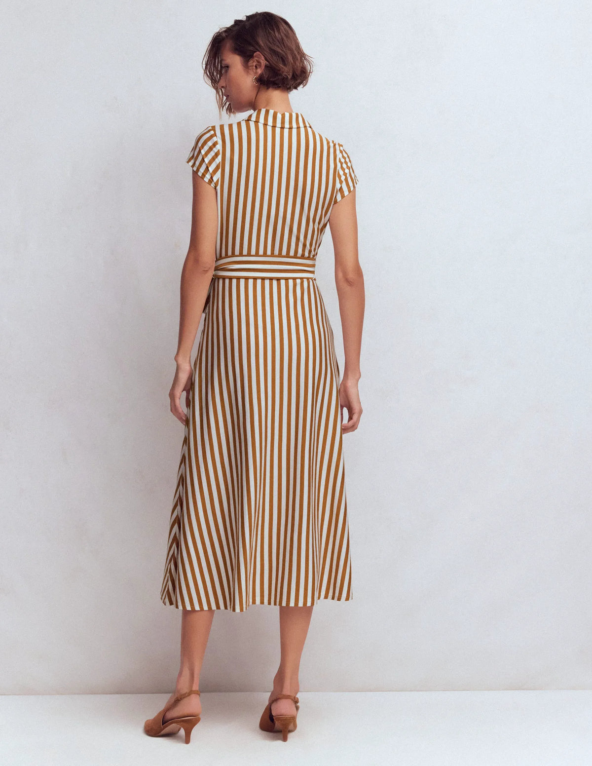Marcia Jersey Shirt Dress-Cognac and Ivory Stripe
