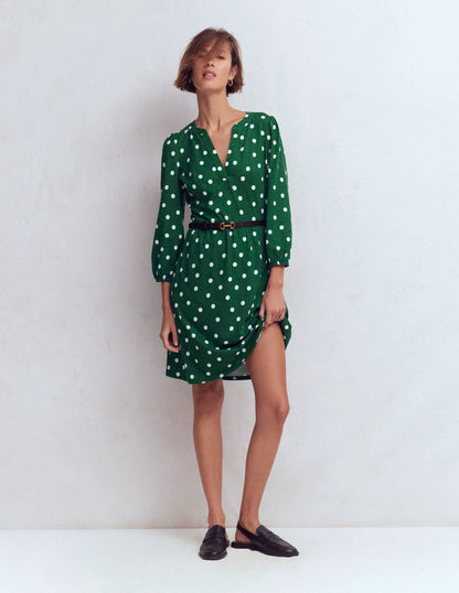Cathy Notch Neck Jersey Dress-Hunter Green, Painted Dot