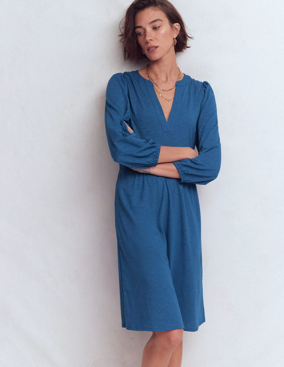 Cathy Notch Neck Jersey Dress-Tourmaline Blue