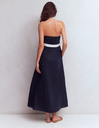 Halter Linen Blend Maxi Dress-Navy Ivory