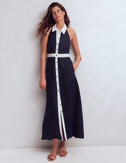 Halter Linen Blend Maxi Dress-Navy Ivory