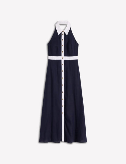 Halter Linen Blend Maxi Dress-Navy Ivory