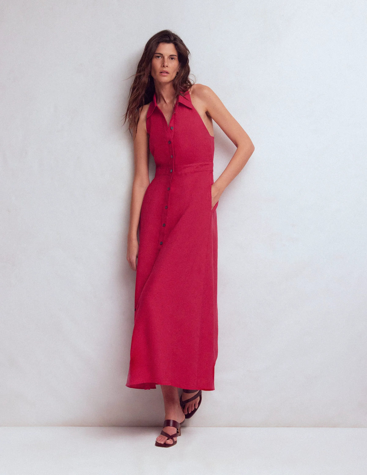 Halter Linen Blend Maxi Dress-Pomegranate