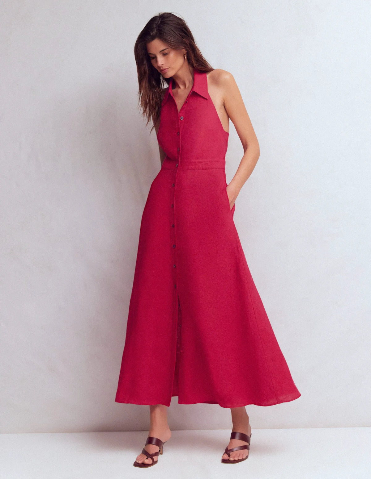 Halter Linen Blend Maxi Dress-Pomegranate