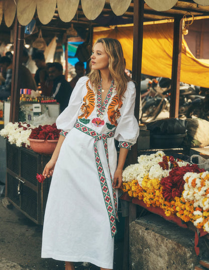 Octavia Linen Blend Dress-Tiger Embroidery