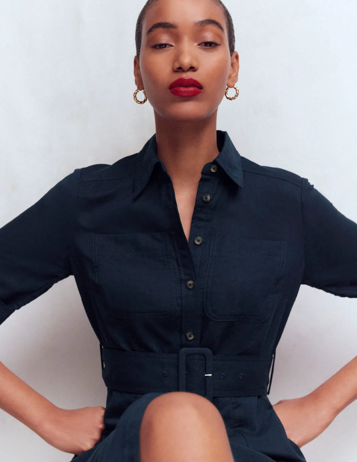 Ora Linen Blend Shirt Dress-Navy