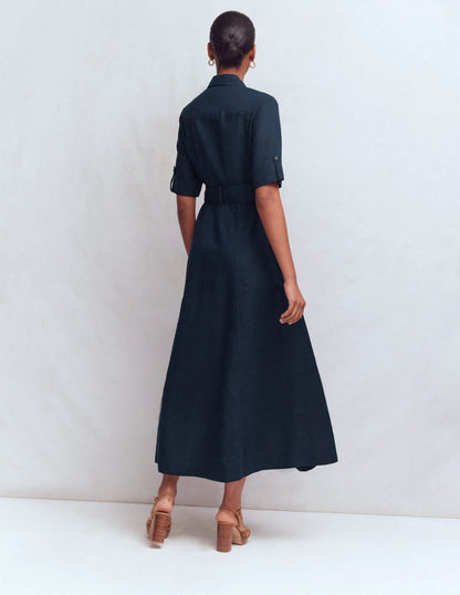 Ora Linen Blend Shirt Dress-Navy