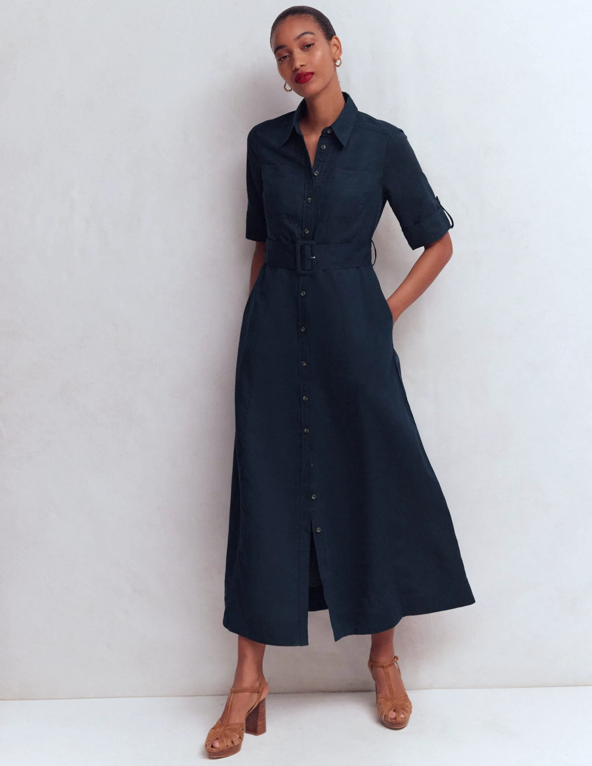 Ora Linen Blend Shirt Dress-Navy