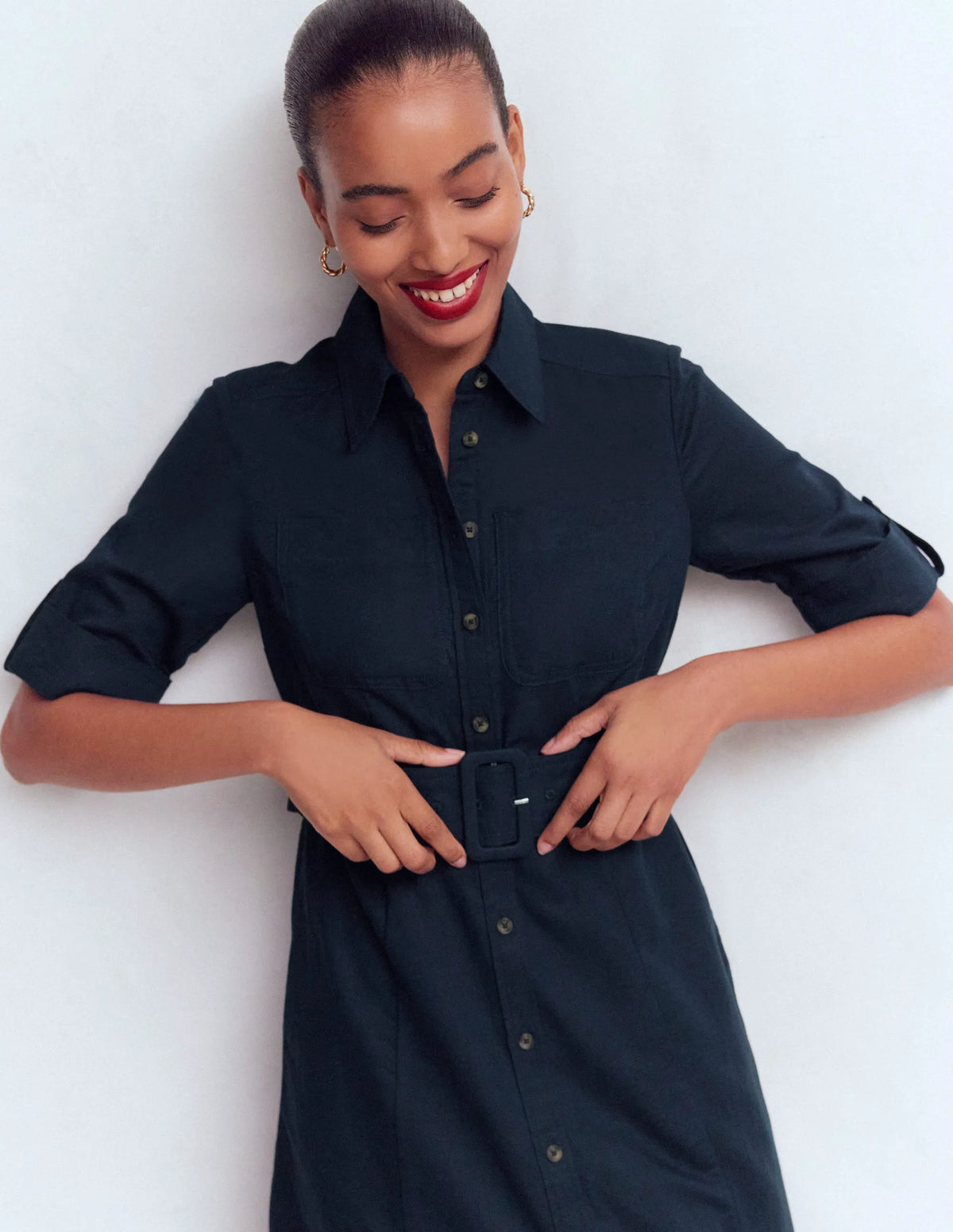 Ora Linen Blend Shirt Dress-Navy