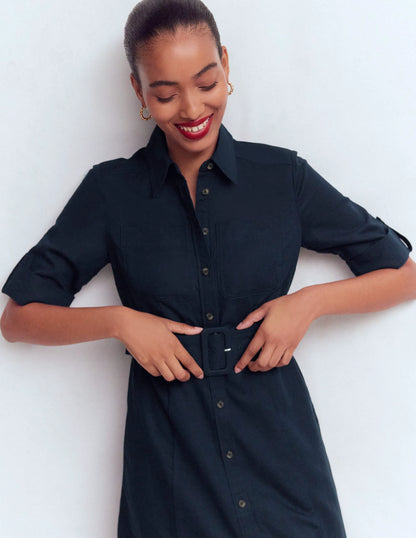 Ora Linen Blend Shirt Dress-Navy