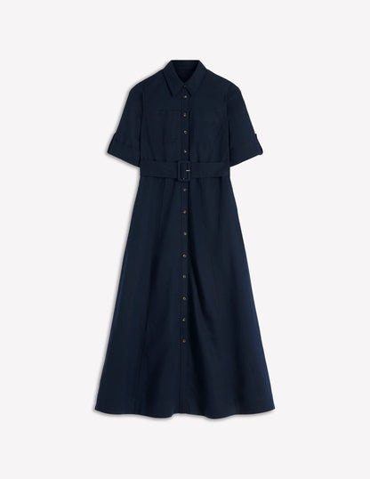 Ora Linen Blend Shirt Dress-Navy