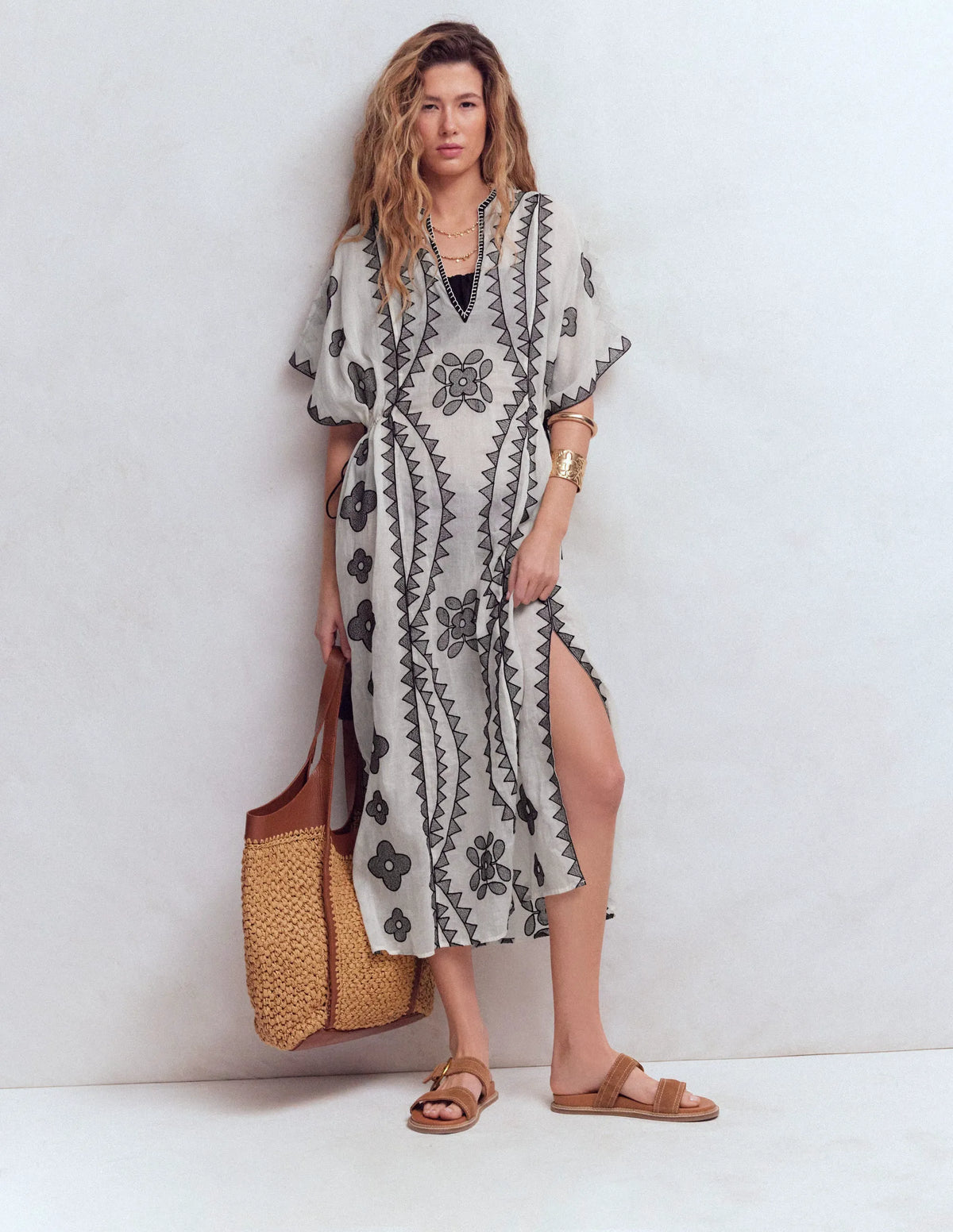 Side Tie Kaftan Dress-White Black Embroidered