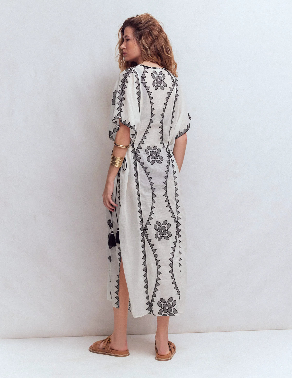 Side Tie Kaftan Dress-White Black Embroidered