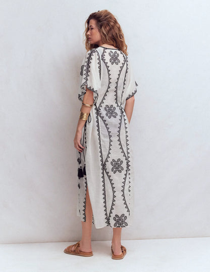 Side Tie Kaftan Dress-White Black Embroidered