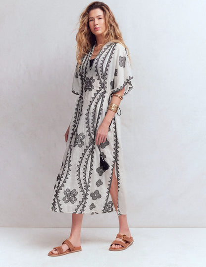 Side Tie Kaftan Dress-White Black Embroidered