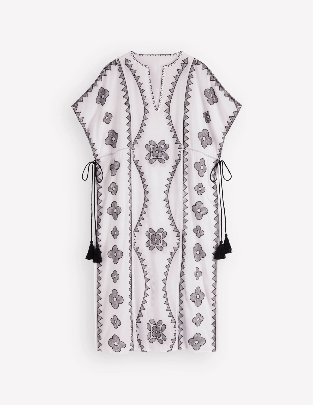 Side Tie Kaftan Dress-White Black Embroidered