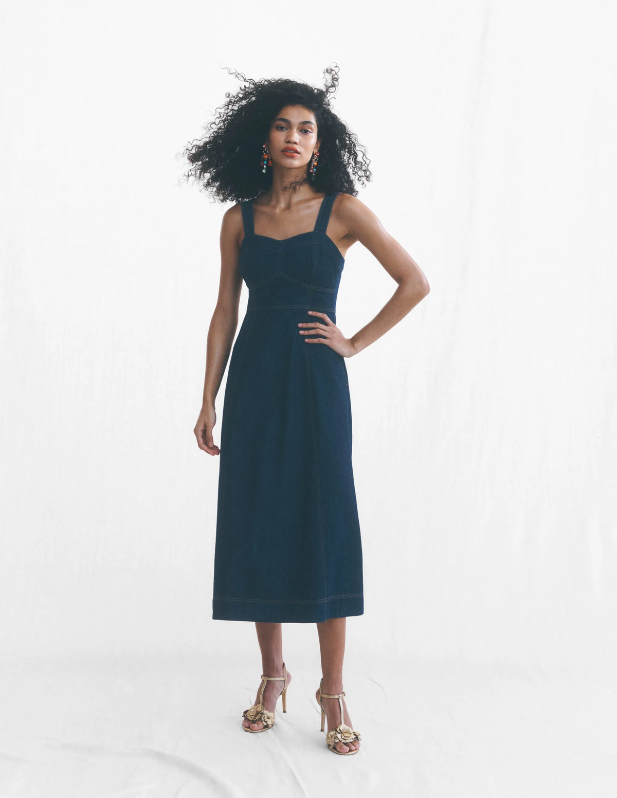 Panelled Bodice Denim Dress-Indigo