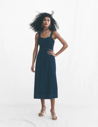 Panelled Bodice Denim Dress-Indigo
