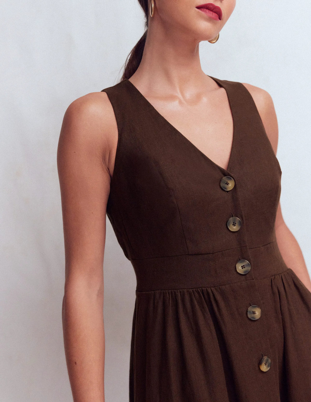 Catherine Button Linen Dress-Bitter Chocolate