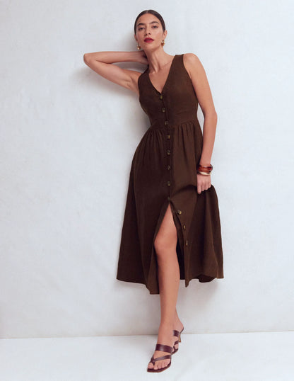 Catherine Button Linen Dress-Bitter Chocolate