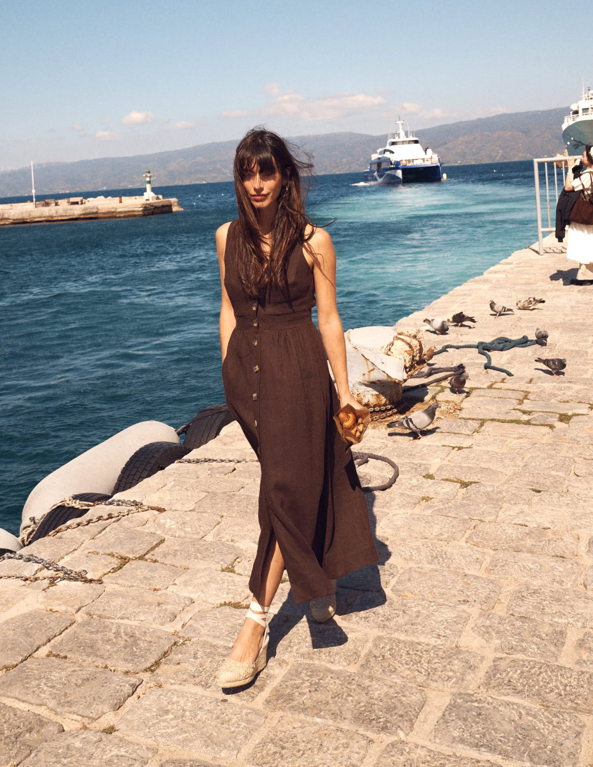 Catherine Button Linen Dress-Bitter Chocolate