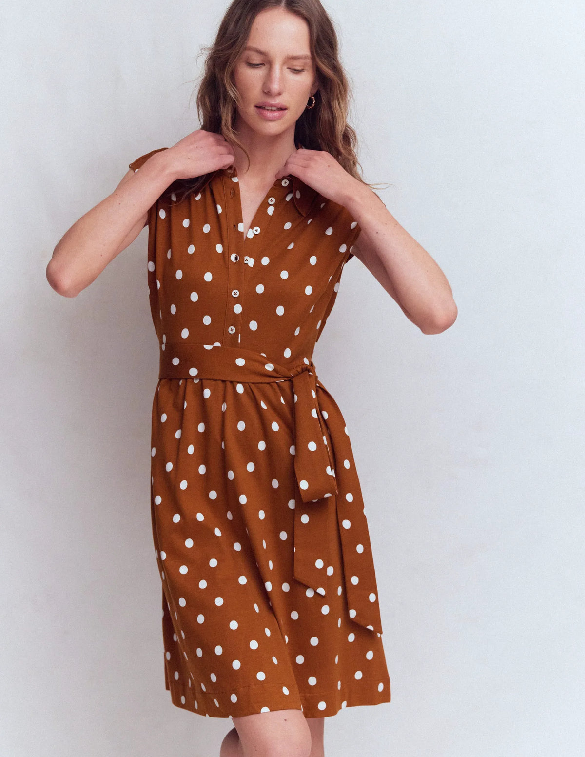 Honor Short Jersey Shirt Dress-Cognac, Painted Dot Spaced