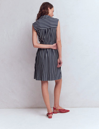 Honor Short Jersey Shirt Dress-Navy and White Stripe