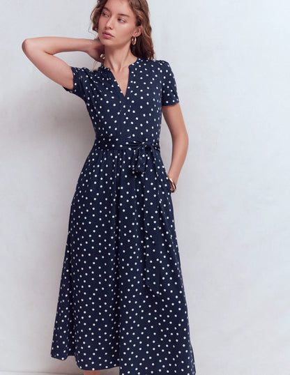 Naomi Jersey Midi Dress-Navy and Ivory, Painted Dot