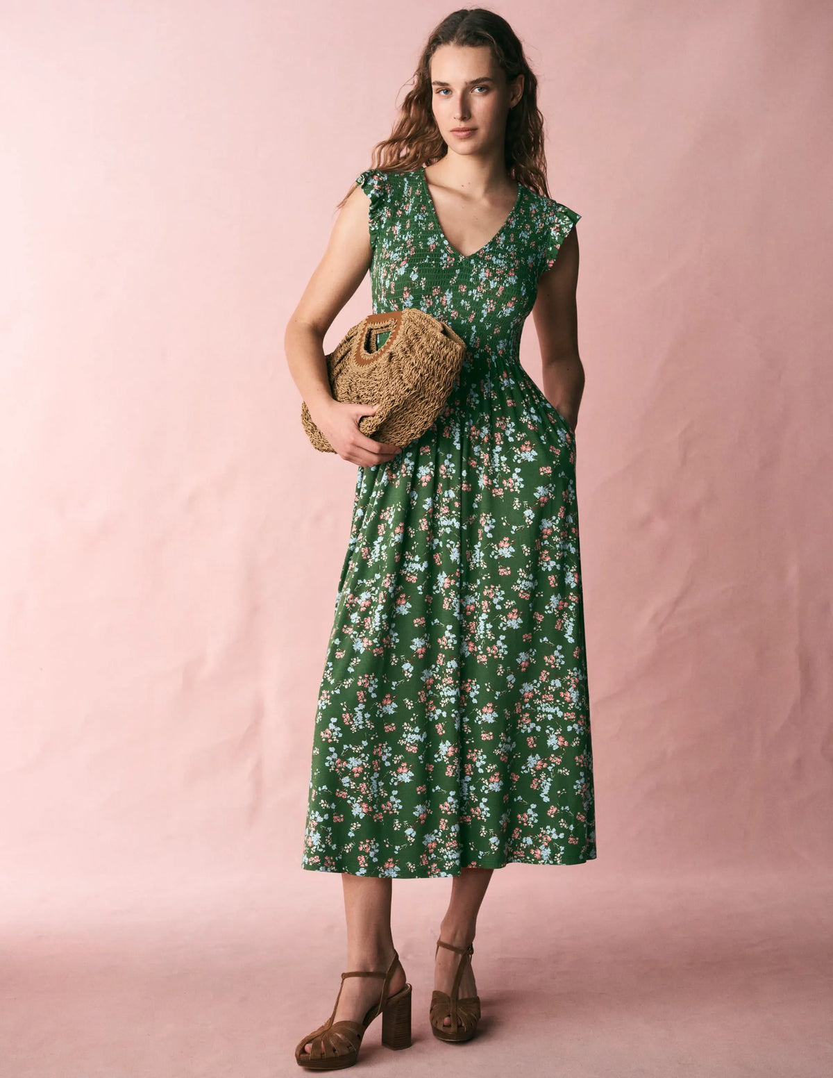Smocked Jersey Midi Dress-Promenade Green, Bloom Scatter