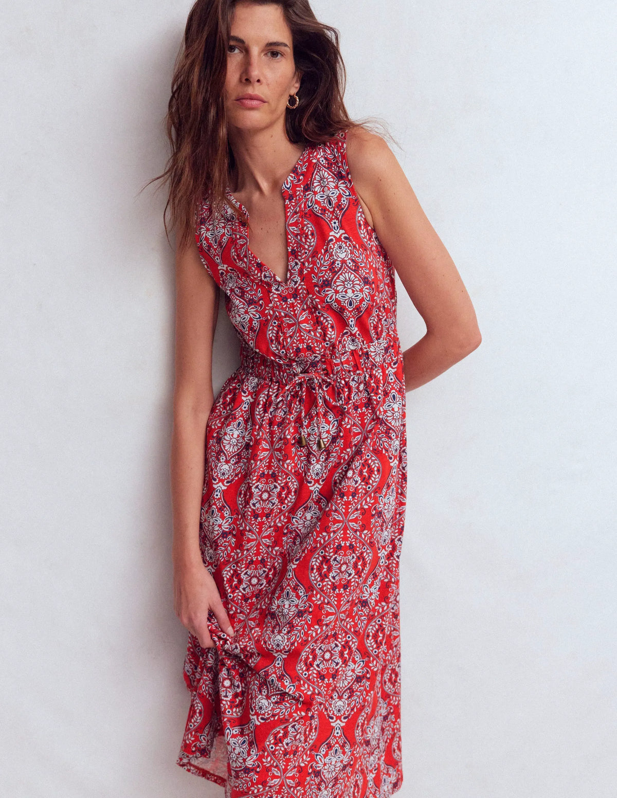 Delphine Midi Sleeveless Dress-Blood Orange, Gardenia