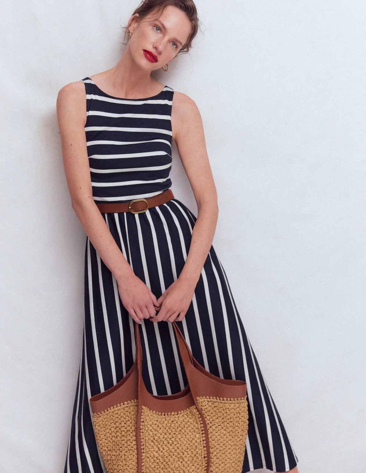 Saoirse Smock Back Dress-Navy, Ivory Stripe