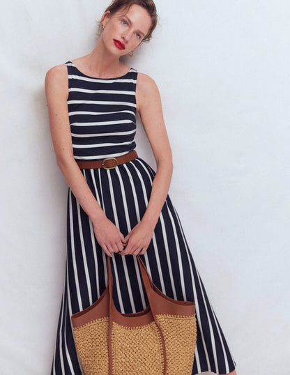 Saoirse Smock Back Dress-Navy, Ivory Stripe