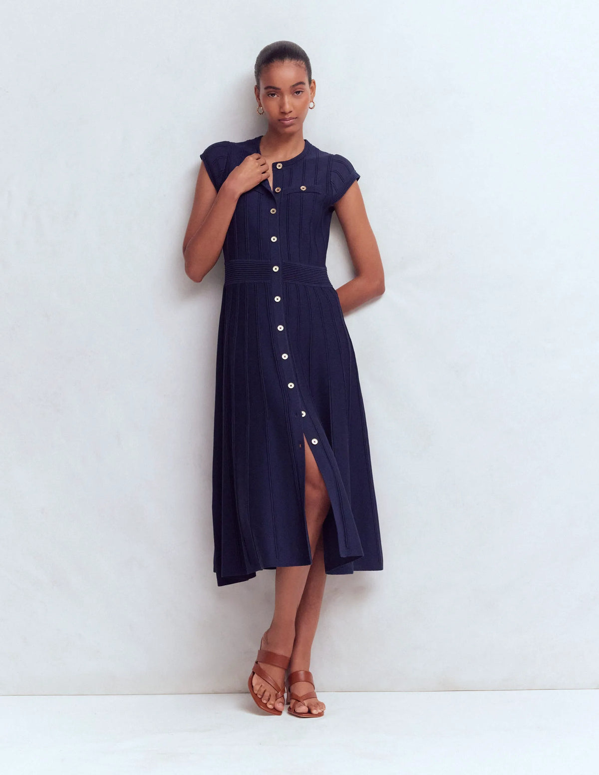 Cap Sleeve Knitted Dress-Navy