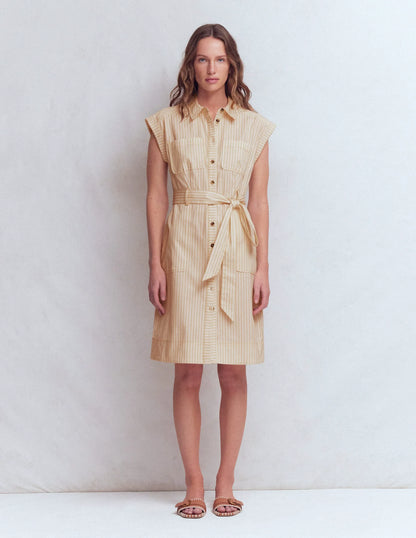Short Belted Shirt Dress-Brown, Ivory Ticking Stripe