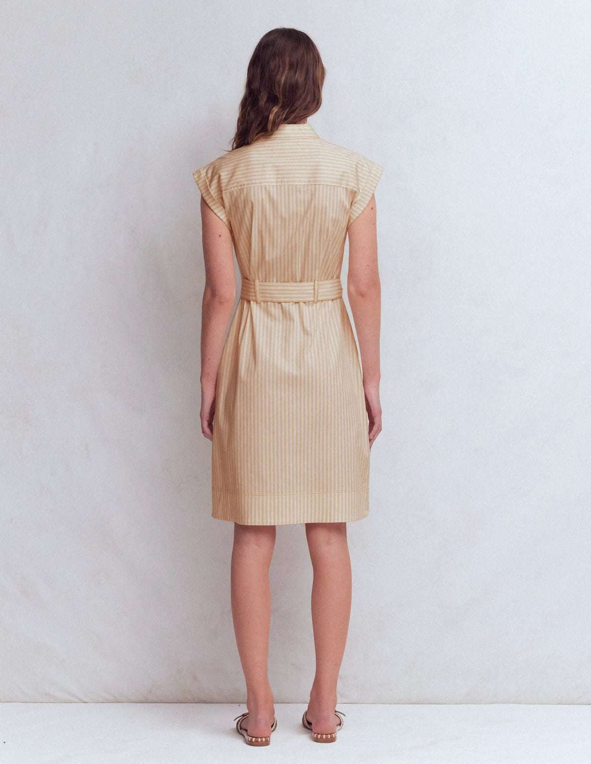Short Belted Shirt Dress-Brown, Ivory Ticking Stripe