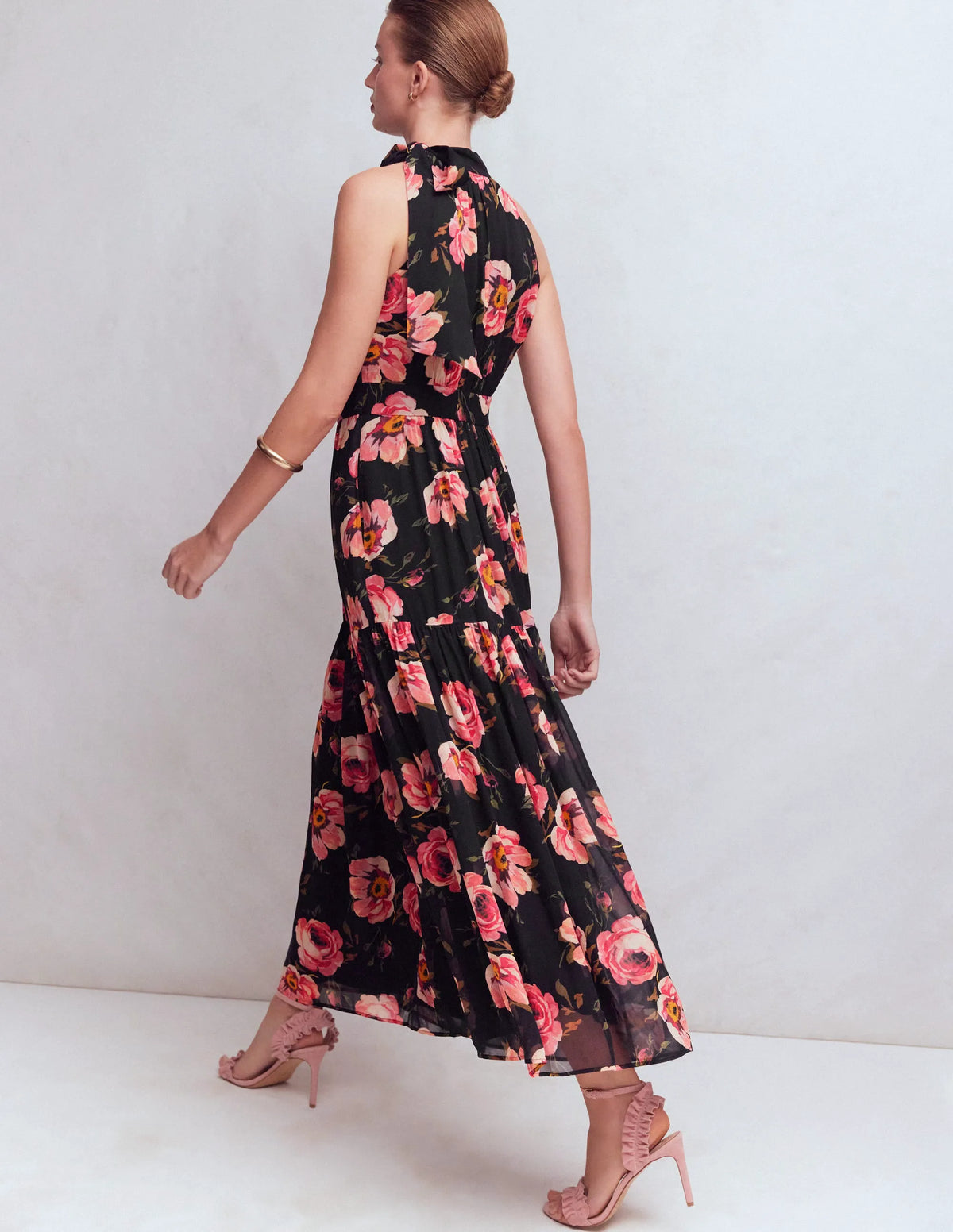 Roisin Tie Neck Maxi Dress-Black Whimsical Roses