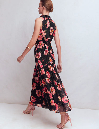 Roisin Tie Neck Maxi Dress-Black Whimsical Roses