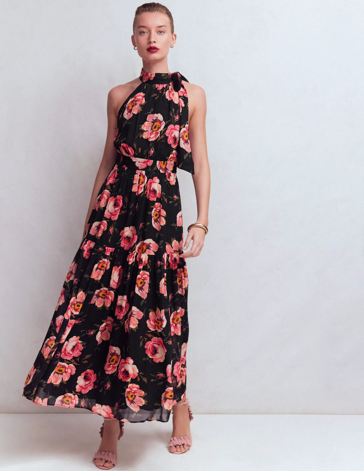 Roisin Tie Neck Maxi Dress-Black Whimsical Roses
