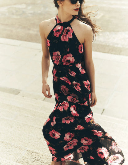 Roisin Tie Neck Maxi Dress-Black Whimsical Roses