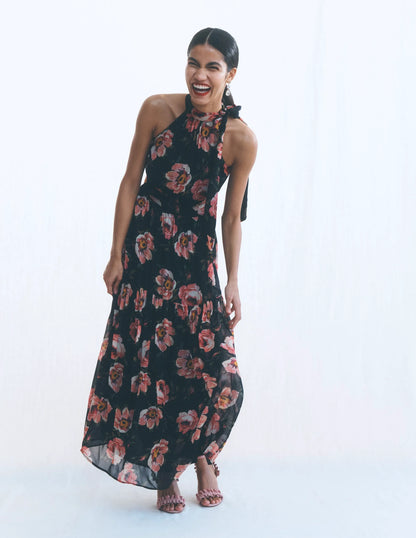 Roisin Tie Neck Maxi Dress-Black Whimsical Roses